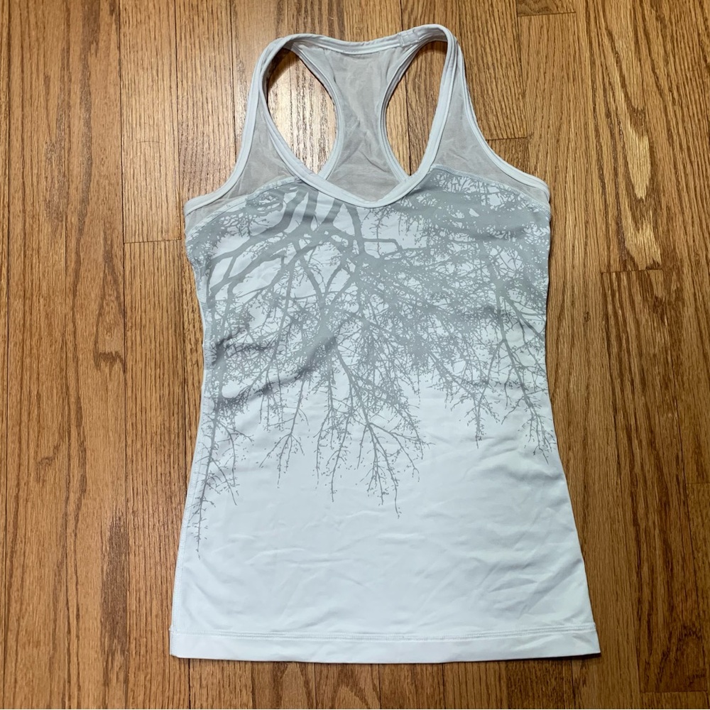 Lululemon White and Gray Tree Print Mesh Racerback Tank Top
